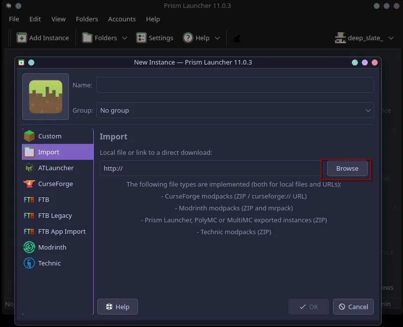Browse for .mrpack file