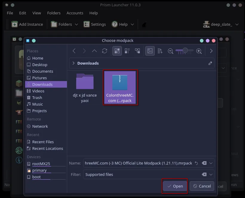 Select the modpack file